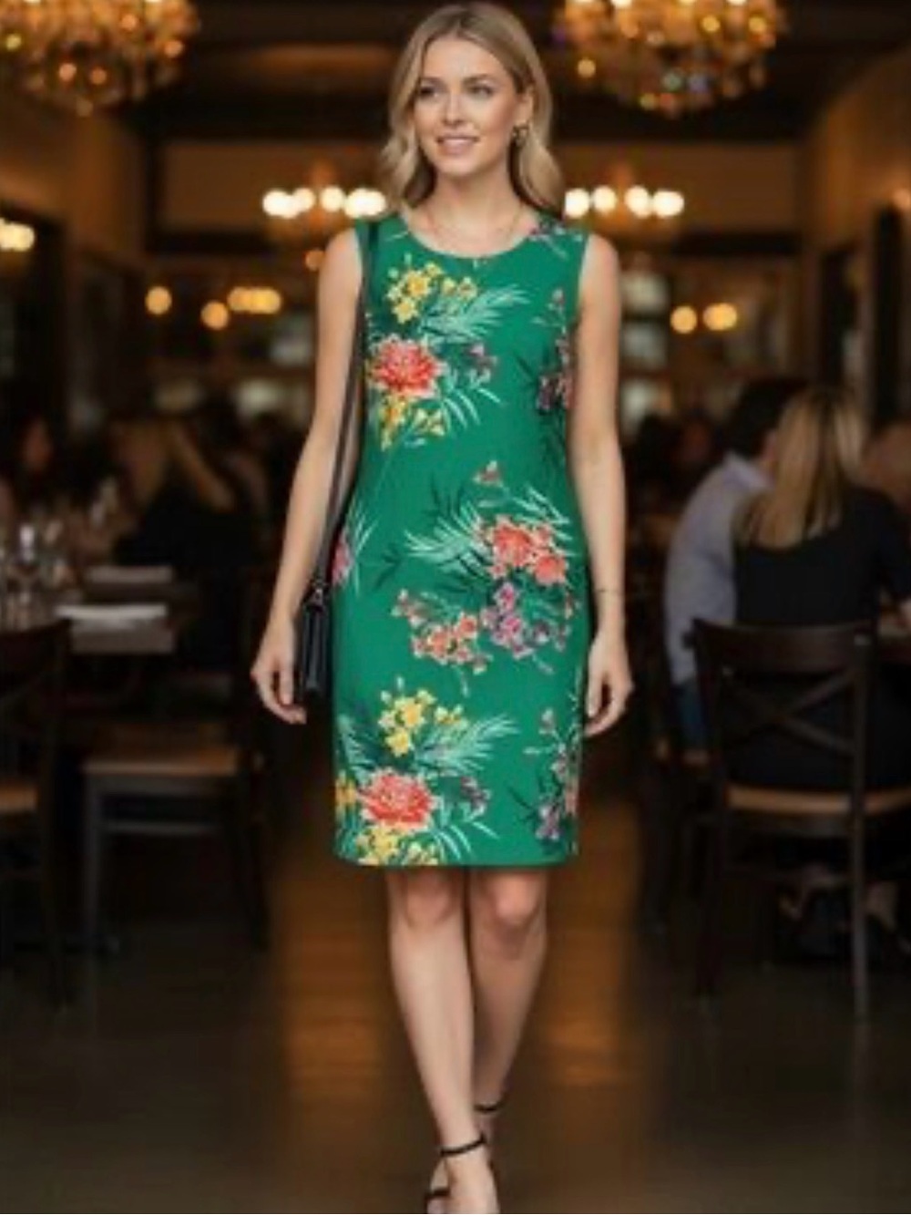 JH Women’s Dress Size 14 Green Floral Back 1/2 Zip Sleeveless Lined Short Dress